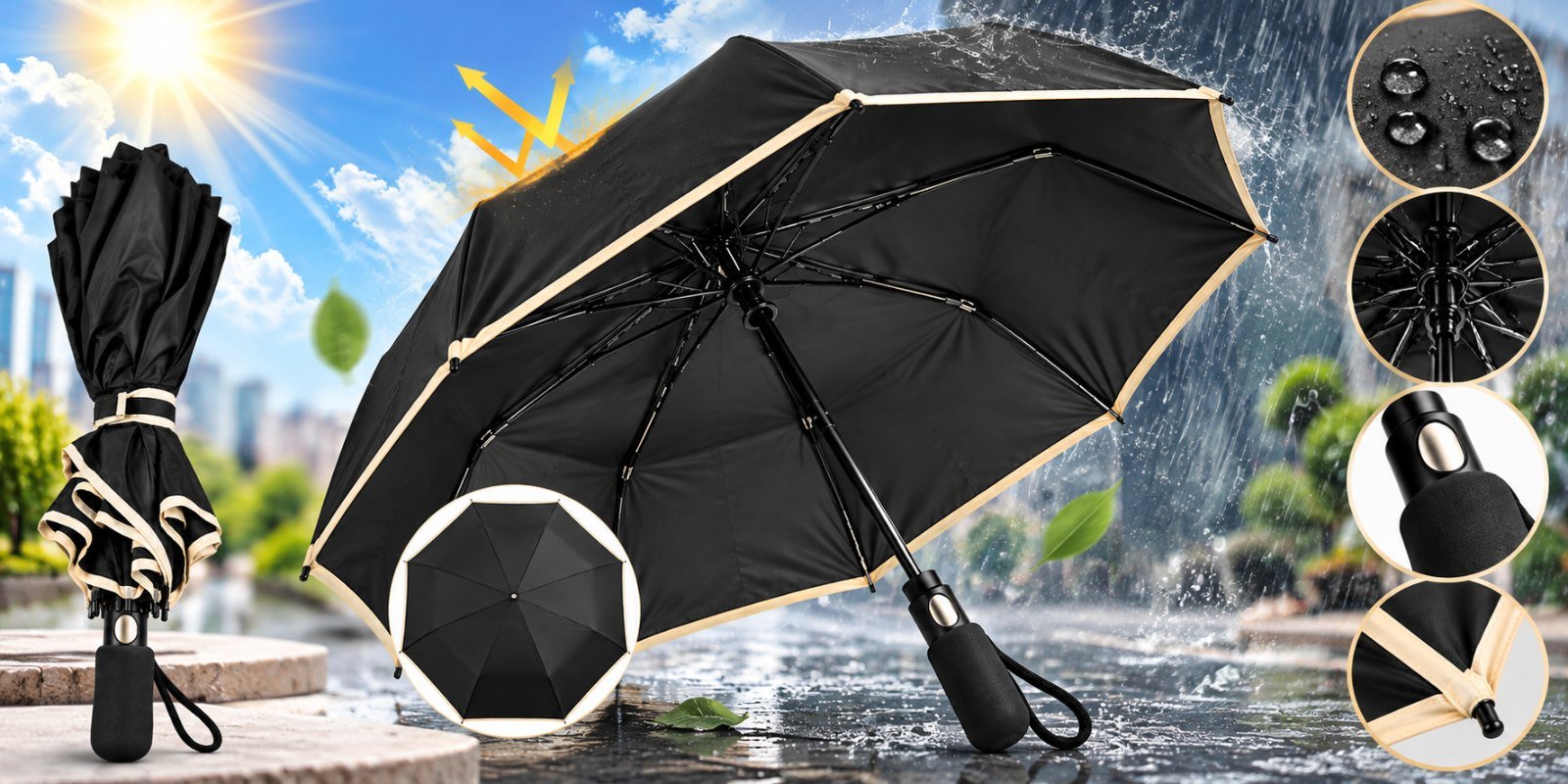 مظلة شمس ومطر سوداء أنيقة بحواف بيج – تصميم عملي للاستخدام اليومي