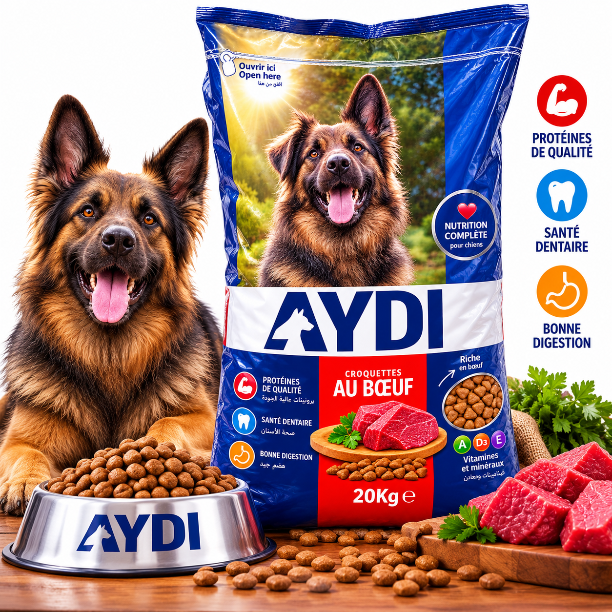 AYDI Croquettes au Bœuf 20kg – غذاء كامل للكلاب بنكهة اللحم البقري