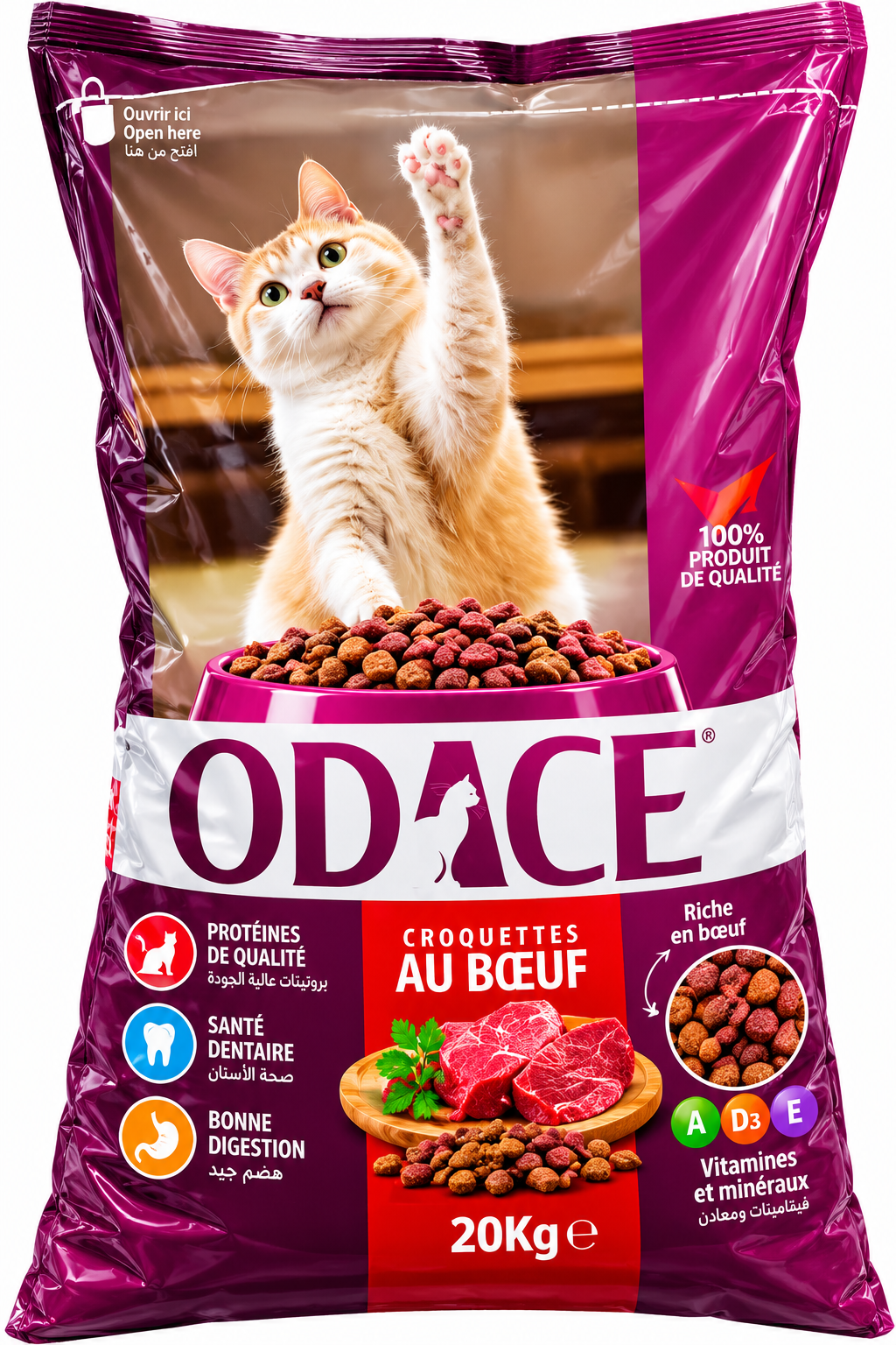 ODACE Croquettes au Bœuf 20kg – غذاء للقطط بنكهة اللحم البقري