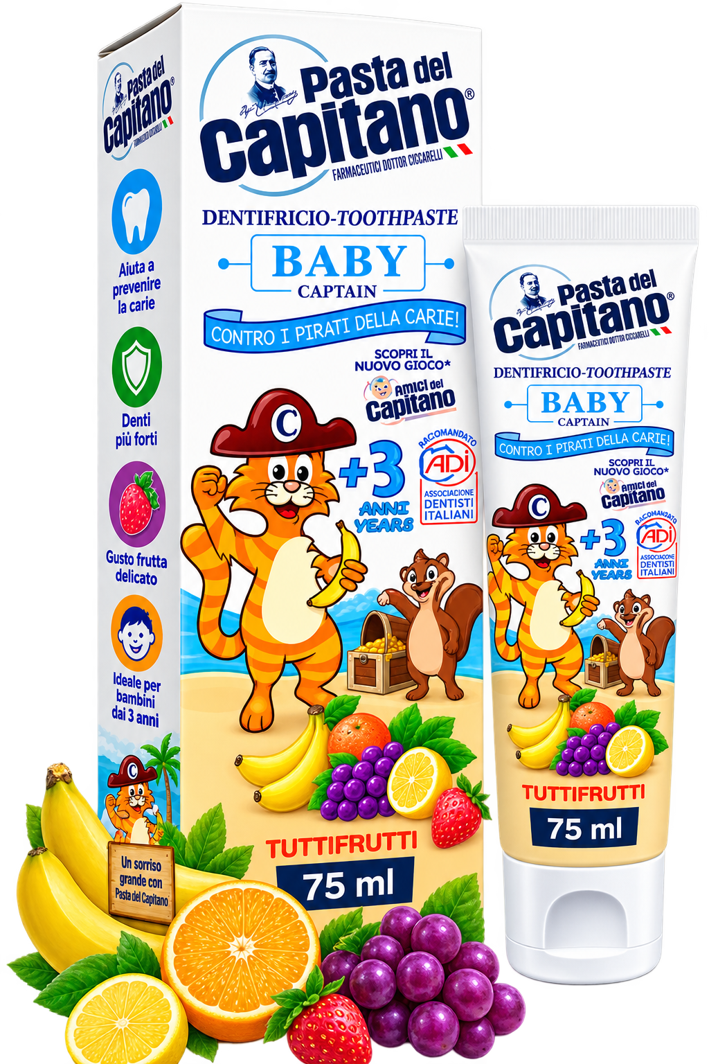 معجون أسنان Pasta del Capitano Baby Captain للأطفال +3 سنوات – نكهة الفواكه، 75 مل
