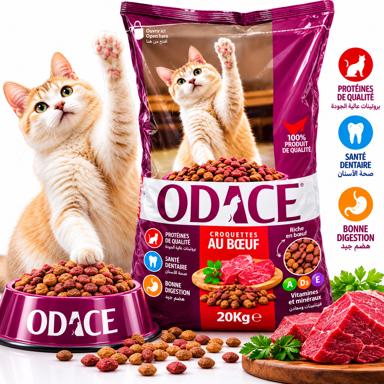 ODACE Croquettes au Bœuf 20kg – غذاء للقطط بنكهة اللحم البقري