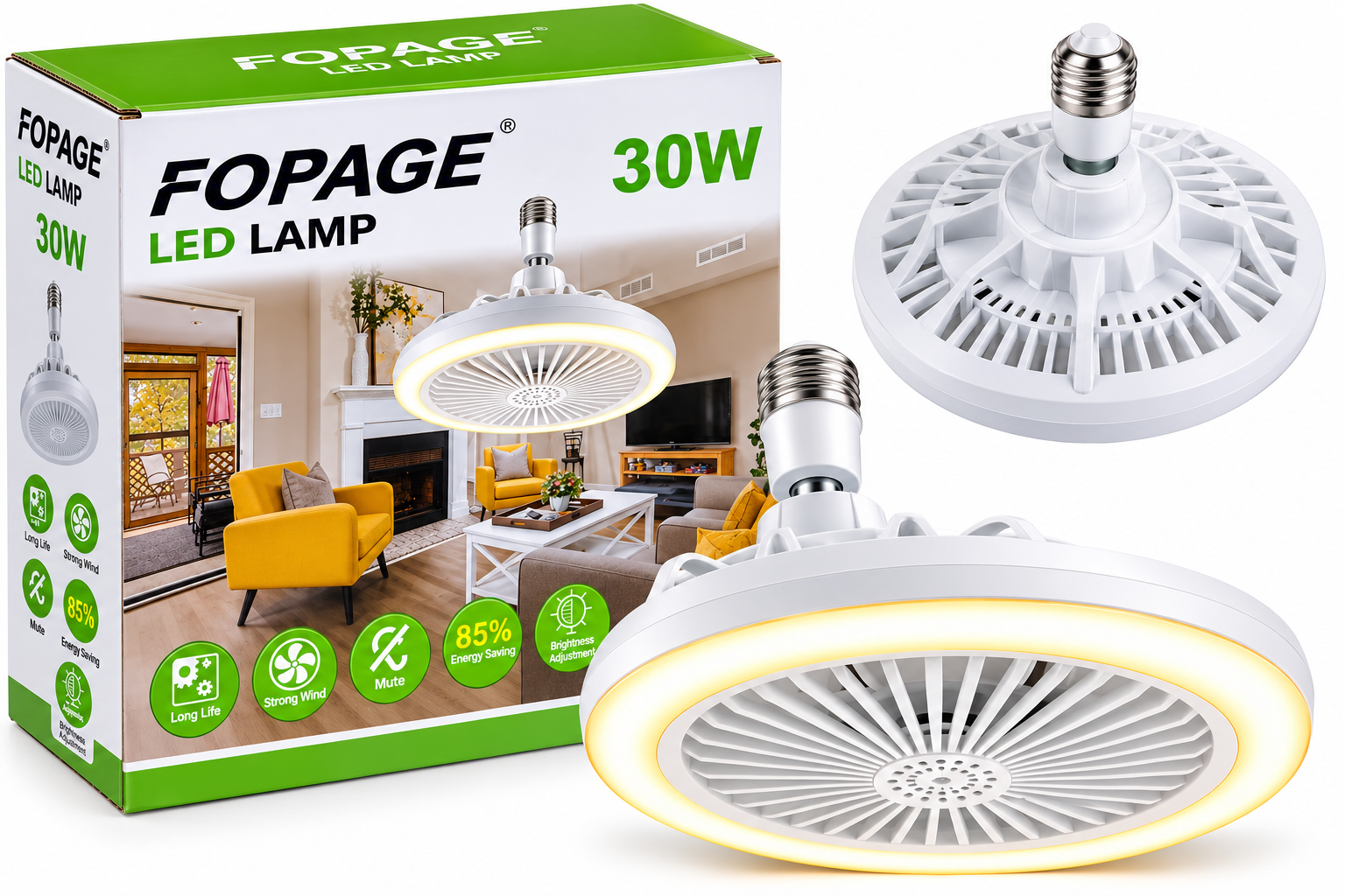 مصباح LED FOPAGE 30W بمروحة قوية وإضاءة قابلة للتعديل